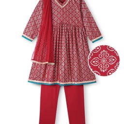 Earthy Touch Single Jersey Knit Full Sleeves Foil Printed Kurti Chudidar Set with Dupatta - Red-image-77