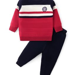 Babyhug Knit Full Sleeves Sweater Set with Strips Design - Red-image-35