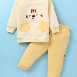 Child World Cotton Knit Full Sleeves Sweatshirt with Front Pocket & Lounge Pant Set Dog Face Embroidery - Yellow-picture-21