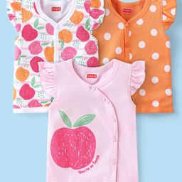 Babyhug 100% Cotton Frill Sleeves Front Open Jhablas with Apple & Polka Dots Print Pack of 3 - Multicolour-image-51
