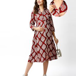 Bella Mama Woven Three Fourth Sleeves  Maternity Dress with Handblock Print - Maroon-image-115