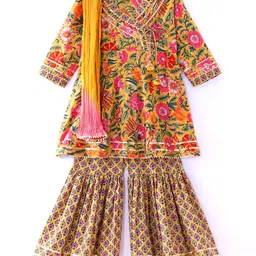 Exclusive from Jaipur Cotton Three Fourth Sleeves Floral Printed Kurta Gharara Set with Dupatta - Yellow-picture-33