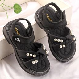 Babyoye Velcro Closure Sandal With Pearl Applique- Black-picture-16