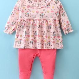 Cucumber Cotton Knit Full Sleeves Footed Romper With Frill Detail &  Unicorn Print - Baby Pink-image-44