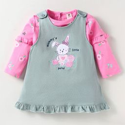 ToffyHouse 100% Cotton Knit Full Sleeves Floral Printed Top with Bunny Embroidered Dress - Dark Pink & Green-picture-40