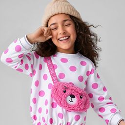 Babyhug Cotton Knit Full Raglan Sleeves Sweatshirt With Bobby Print & Bear Face Sling Bag - White & Pink-image-56