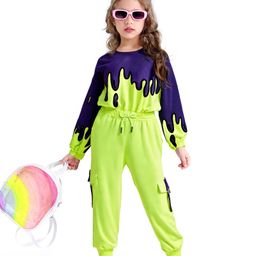 Ollington St. Cotton Knit Full Sleeves Winter Wear Set With Meltdown Print - Lime & Purple-image-43