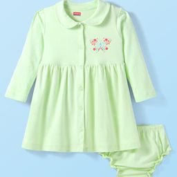 Babyhug Cotton Knit Full Sleeves Peter Pan Collared Frock With Bloomer & Floral Butterfly Print - Light Green-image-75