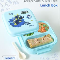 Portable Lunch Box with Fork and Spoon Space Theme Print - Light Blue-25