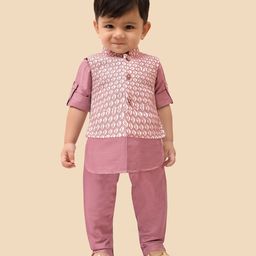 little desi Full Sleeves Coordinating Kurta & Pyjama With Ethnic Motif Embroidered Jacket Set - Onion-18