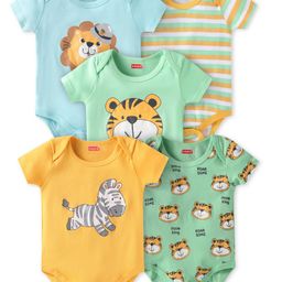 Babyhug 100% Cotton Knit Half Sleeves Striped & Animal Printed Onesies Pack of 5 - Yellow Blue & Green-image-15