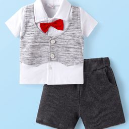 Babyhug Single Jersey Knit Half Sleeves Shirt & Shorts Set With Bow Applique - White & Black-image-91