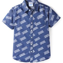 Pine Kids Marvel Knit Half Sleeves Denim Shirt with Marvel Print - Navy Blue-image-17