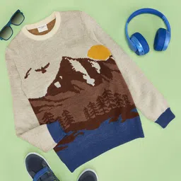 Pantaloons Junior Full Sleeves Mountain Theme Designed Sweater - Cream-picture-28