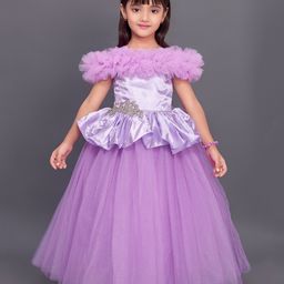 PinkChick Satin Off Shoulder Sleeves Ruffles & Diamond Embellished Gown - Lavender-image-2