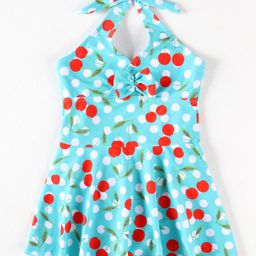 Mark & Mia Sleeveless Frock Swimsuit with Cherry & Polka Dots Print - Aqua Blue-picture-28