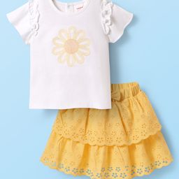 Babyhug Single Jersey Knit Half Sleeves Top & Schiffli Skirt Set With Floral Embroidery & Bow Applique - White & Yellow-image-95