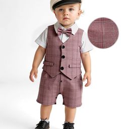 Mark & Mia Woven Half Sleeves Checks Party Romper With Attached Waistcoat & Bow - Pink-picture-18
