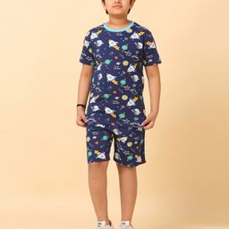 Ninos Dreams Cotton Jersey Knit Half Sleeves Space Theme Printed Coordinating Night Suit Set - Blue-image-61