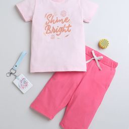 BUMZEE Cotton Woven Half Sleeves Text Printed Capri Night Suit - Pink-image-0