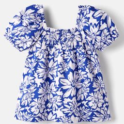 Babyhug Cotton Knit Half Puffed Sleeves Top with Floral Print & Smocking - Blue-image-23