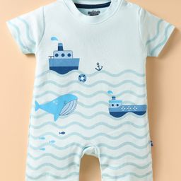 Mini Taurus Cotton Knit Half Sleeves Romper With Nautical Theme Print - Light Blue-image-70