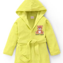 Babyhug Terry Knit Full Sleeves Hooded Bathrobe with Bear Embroidery - Neon Green-image-18