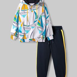 OLLINGTON ST. Looper Cotton Knit Full Sleeves Hooded Sweatshirts & Joggers Set with Ship Print - Multicolor & Navy-picture-28