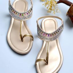 Shoetopia Rhinestones Embellished With Backstrap Heel Sandals - Golden-image-2