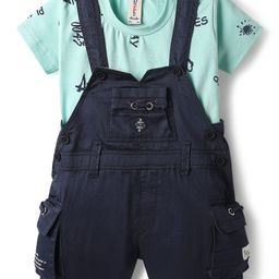 Dapper Dudes Solid Dungaree With Half Sleeves Typography Printed Tee - Pista-picture-7
