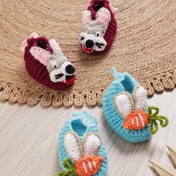 MayRa Knits Knit Set Of 2 Bunny & Carrot Applique Detailed Booties - Blue & Maroon-picture-21