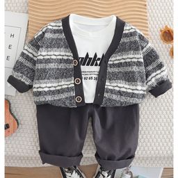 Googo Gaaga Cotton Knit Typography Printed Tee & Trousers With Full Sleeves Abstract Striped Light Winter Sweater Set - Grey-picture-36