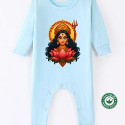 BLUSHES 100% Cotton Knit Durga Puja Theme Full Sleeves Durga Maa Printed Romper - Aqua Blue-picture-1