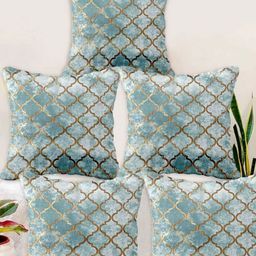 Blue Grass Sea Green & Gold-Toned 5 Pieces Geometric Printed Velvet Square Cushion Covers-image-67
