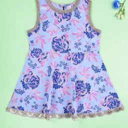 KiddoPanti Girls Floral Printed Sleeveless Sequinned Cotton A-Line Kurta-picture-3