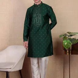 Koshin Floral Woven Design Mandarin Collar Mirror Embroidered Jacquard Art Silk Kurta-image-87