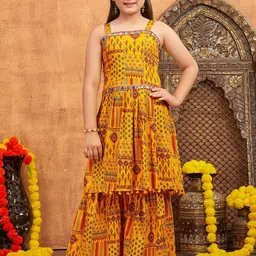 Sangria Girls Ethnic Motifs Printed Mirror Work Net A-Line Kurta & Sharara-picture-12