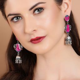 Rubans Silver-Plated Peacock Shaped Enamel Jhumkas-24