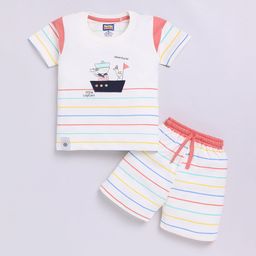 Nottie Planet Boys Striped Round Neck Pure Cotton T-shirt with Shorts-17