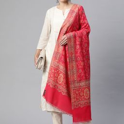 WEAVERS VILLA Women Pink & Mustard Yellow Floral Woven Design Woollen Shawl-26