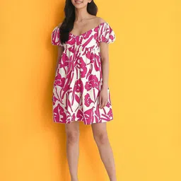 TIRA Floral Print Off-Shoulder Crepe A-Line Dress-image-94
