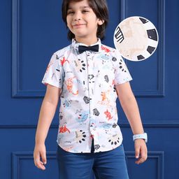 Kookie Kids Half Sleeves Shirt & Shorts Set With Bow Detailing Dino Print - White & Blue-image-71