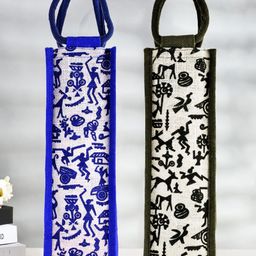 Kuber Industries Bottle Bag  Jute Carry Bag  Water Bottle Cover  Wine Bottle Bag  Reusable Bottle Bag with Handle  Bottle Bag for Office  Warli-Print Gift Bag  Pack of 2  Multi-image-76