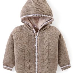Babyhug Full Sleeves Front Open Cable Knit Hooded Sweater - Beige-picture-16