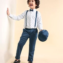 Babyhug Full Sleeves Shirt & Trousers Set With Cap Bow & Suspenders Floral Print - White & Blue-image-63