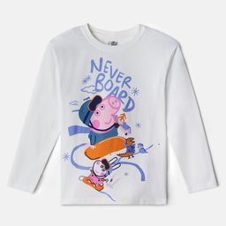 The Souled Store Cotton Full Sleeves Peppa Pig Featuring Never Bored Text & Graphic Printed Tee - White-picture-24