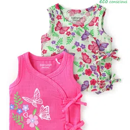 Babyoye Muslin Knit Sleeveless Vests Floral & Butterfly Print Pack Of 2 - Pink & Light Green-picture-20