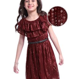 Hola Bonita Knit Frill Sleeves Sequin & Shimmer Dress - Maroon-picture-29