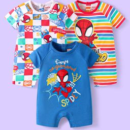 Babyhug Marvel Interlock Knit Half Raglan Sleeves Rompers With Spider-Man Graphics Pack of 3 - Blue Red & White-image-73