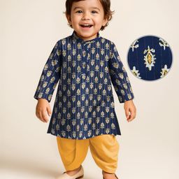 Earthy Touch Cotton Woven Full Sleeves Floral Printed Kurta Dhoti Set - Indigo-image-41